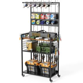 Fishing Rod Storage Rack With Pegboard, Rolling Tackle Organizer Cart, Multi-Tier Fishing Gear Stand For Rods, Reels, Tackle Boxes & Bags, Heavy (Option: Black)